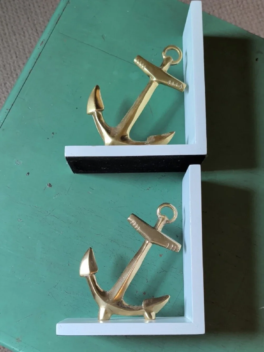 Nautical Brass Anchor Bookends On White Stands